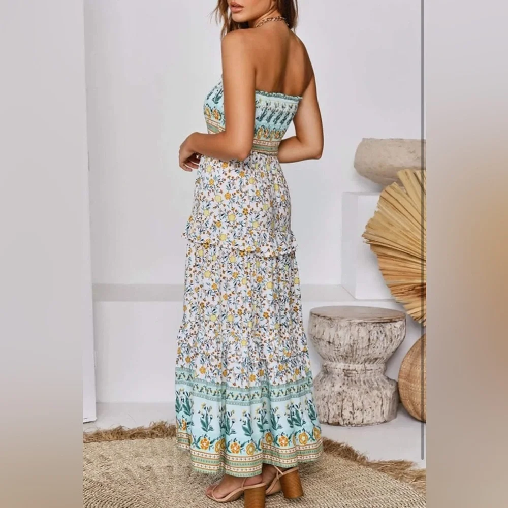 NWT Floral Boho Maxi Dress with Green Accents S - Picture 5 of 12